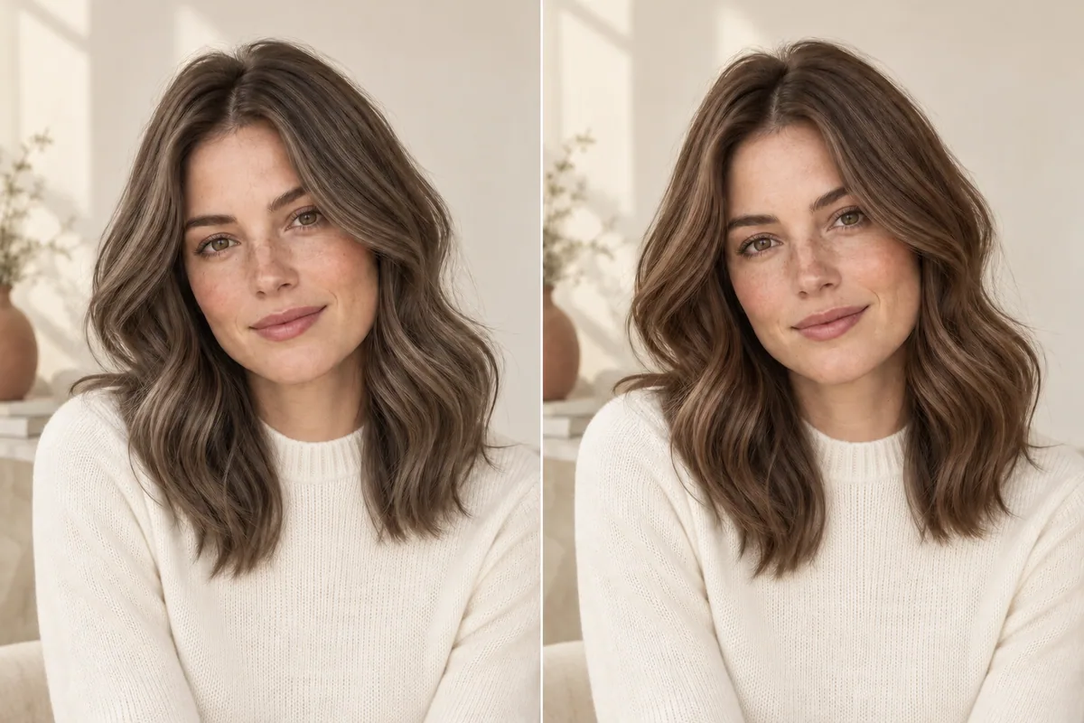 AI-generated editorial illustration. Editorial brunette color comparison with opaque high-neck tops
