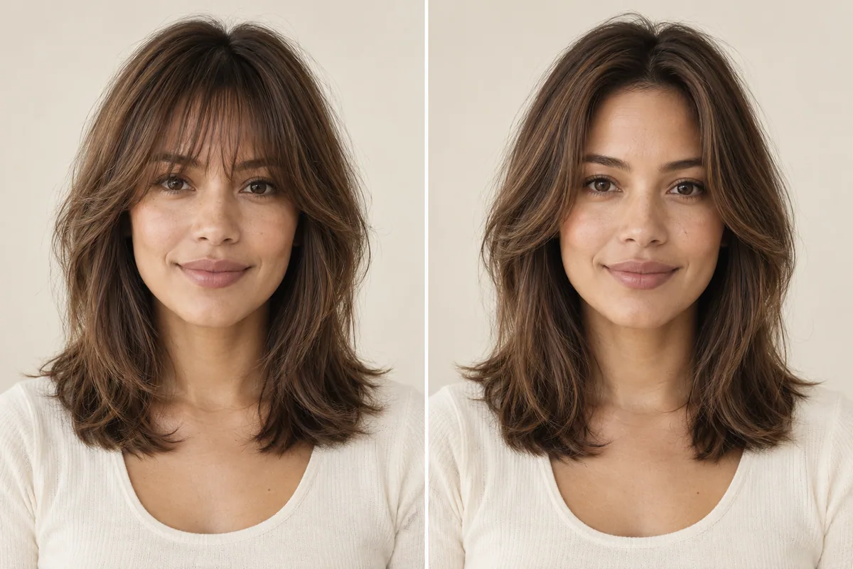 Editorial illustration comparing forehead-covering bangs with longer face-framing pieces