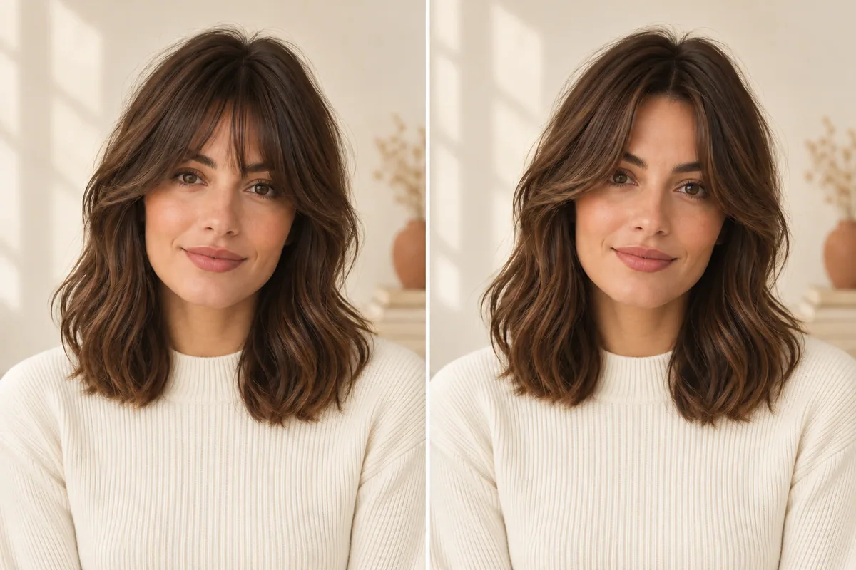 AI-generated editorial illustration. Editorial comparison of bottleneck-inspired bangs with a shorter center and curtain bangs with a more open center