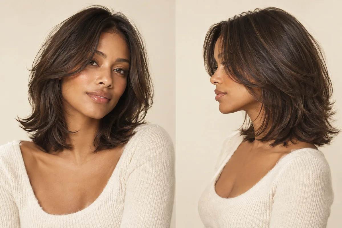Editorial illustration of medium-length layered hair with shorter face framing and longer shoulder-length ends