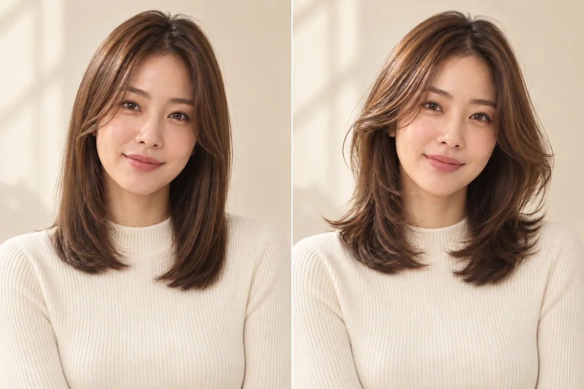 AI-generated editorial illustration. Two editorial portraits of the same woman with straight layered hair in a relaxed finish and a curved blowout