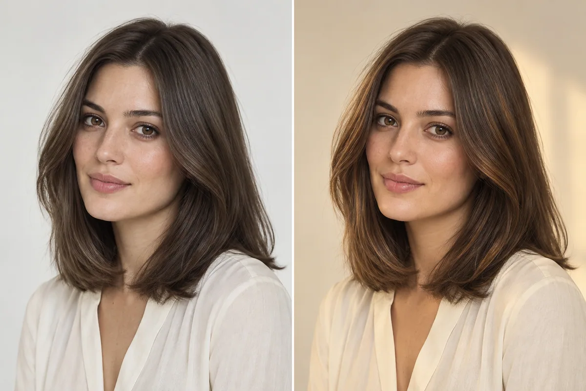 Editorial illustration of a muted chocolate brown hairstyle in neutral and warmer lighting