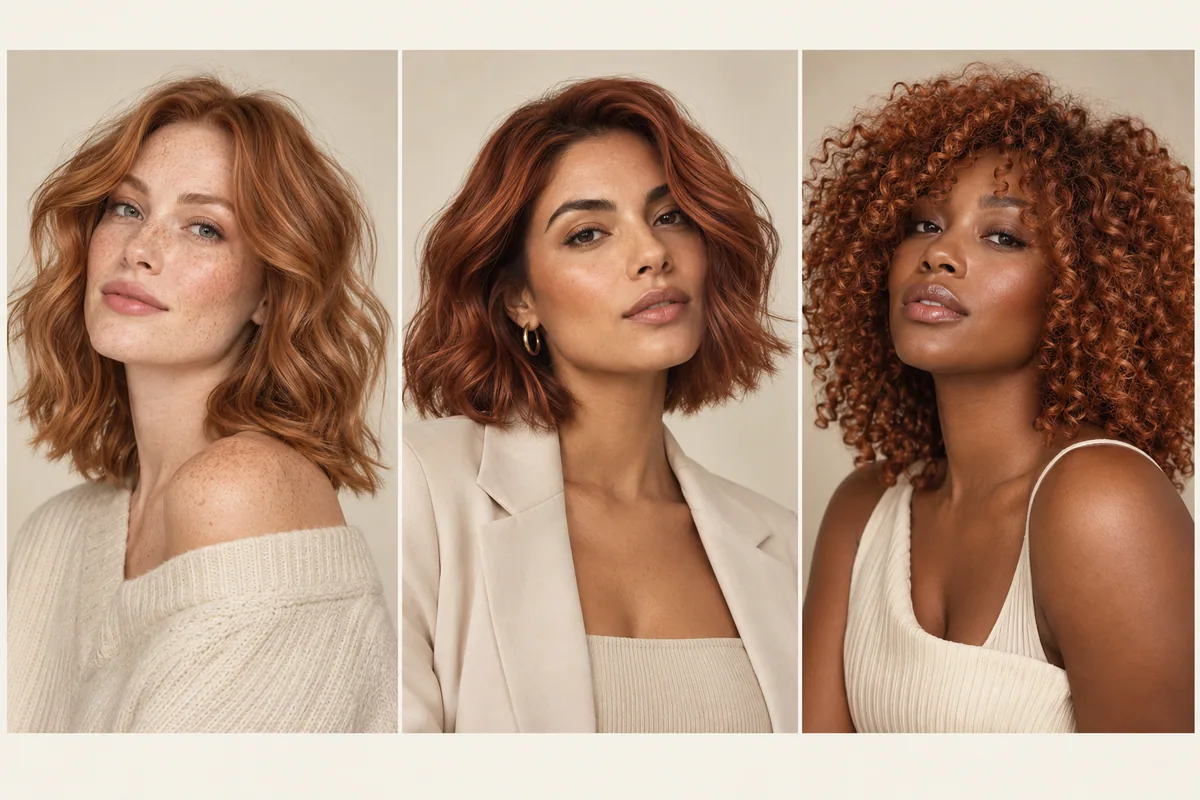 Editorial portraits showing light, deep and muted copper hair directions across several skin tones