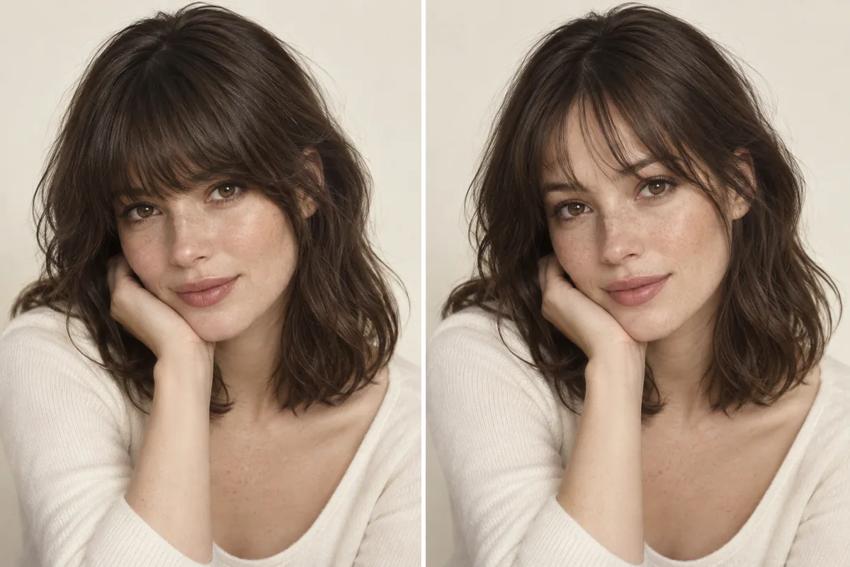 Editorial illustration comparing a softly textured French-inspired fringe with lighter wispy bangs