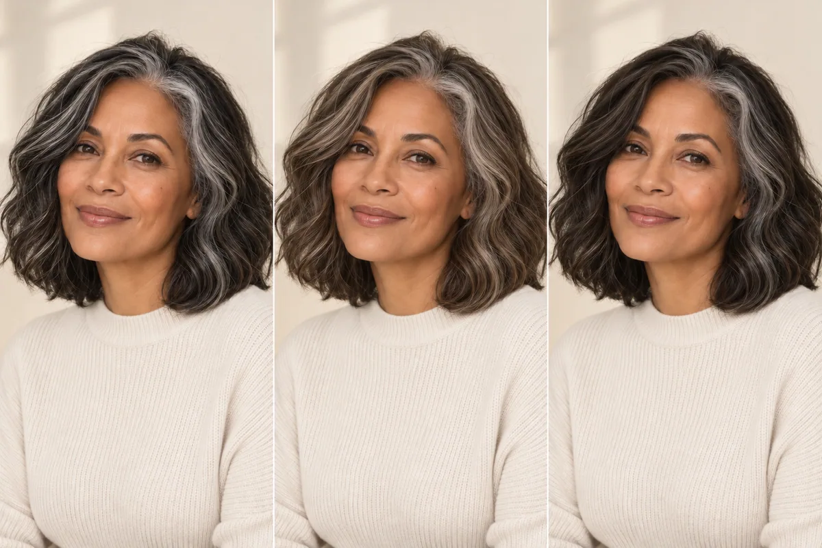 AI-generated editorial illustration. Three editorial portraits of the same woman with visible gray in dark hair, lighter ribbons and darker-strand blending