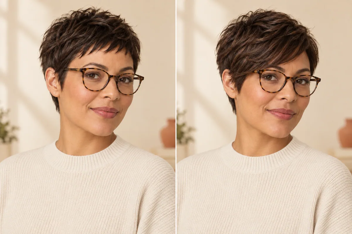 AI-generated editorial illustration. Editorial pixie and glasses comparison with opaque high-neck clothing