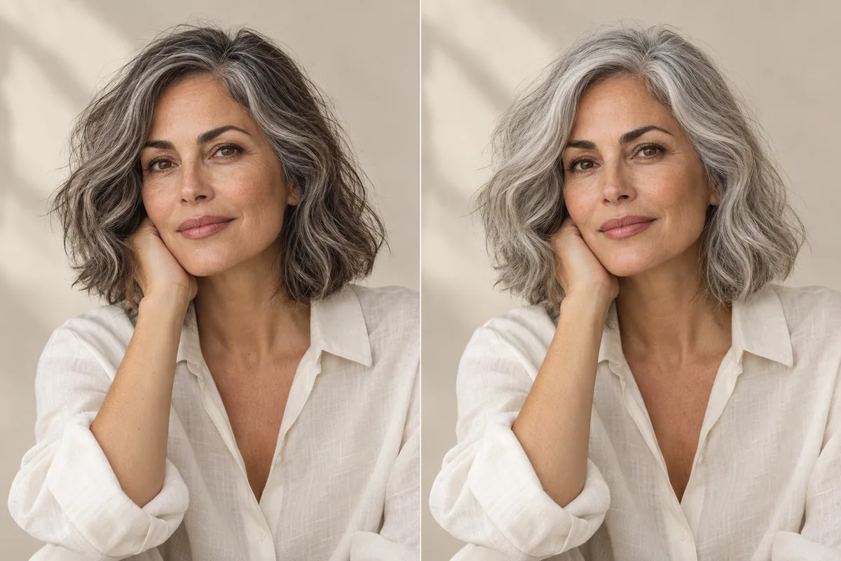 Editorial comparison of a dark-and-light salt-and-pepper hairstyle and a paler silver hairstyle