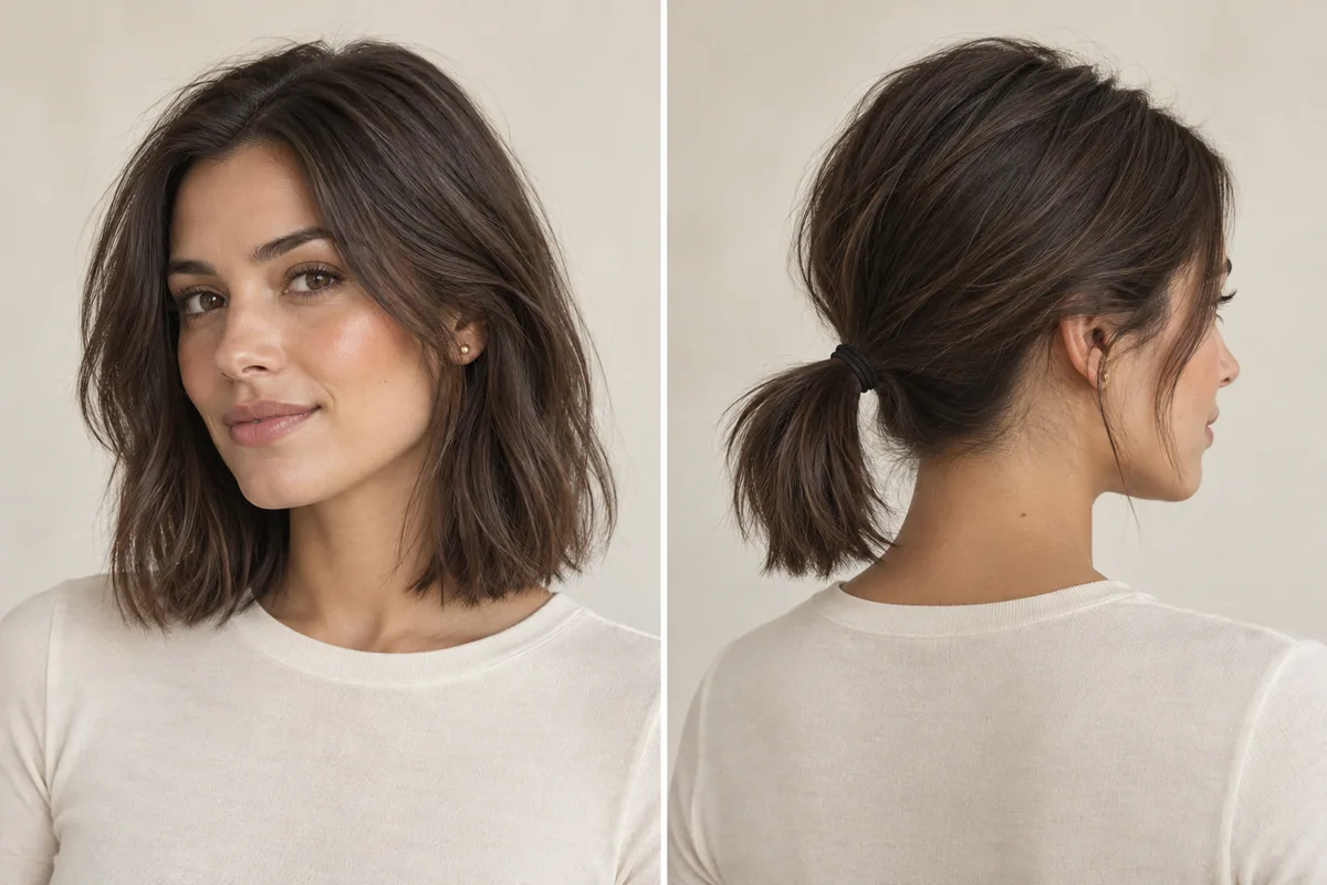 Editorial illustration of shorter hair gathered into a low ponytail, showing the front sections and nape