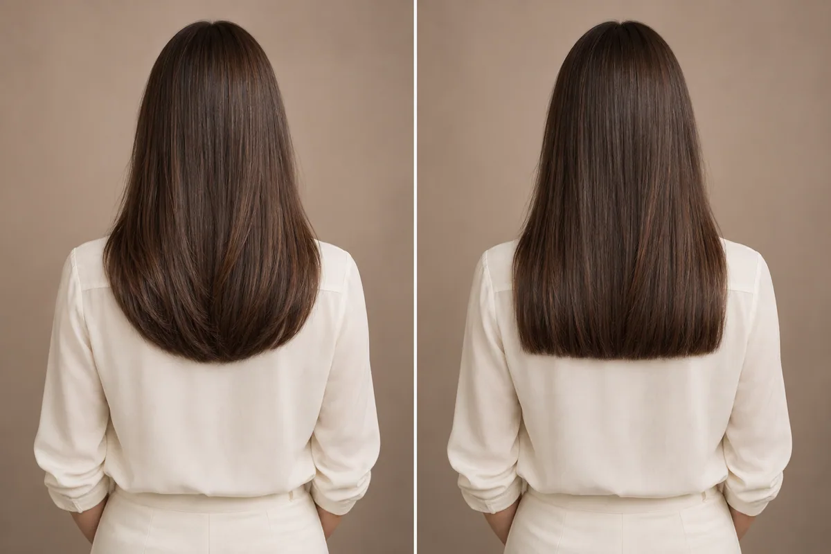 Back-view editorial comparison of long hair with a rounded U-shaped edge and a straight-across edge