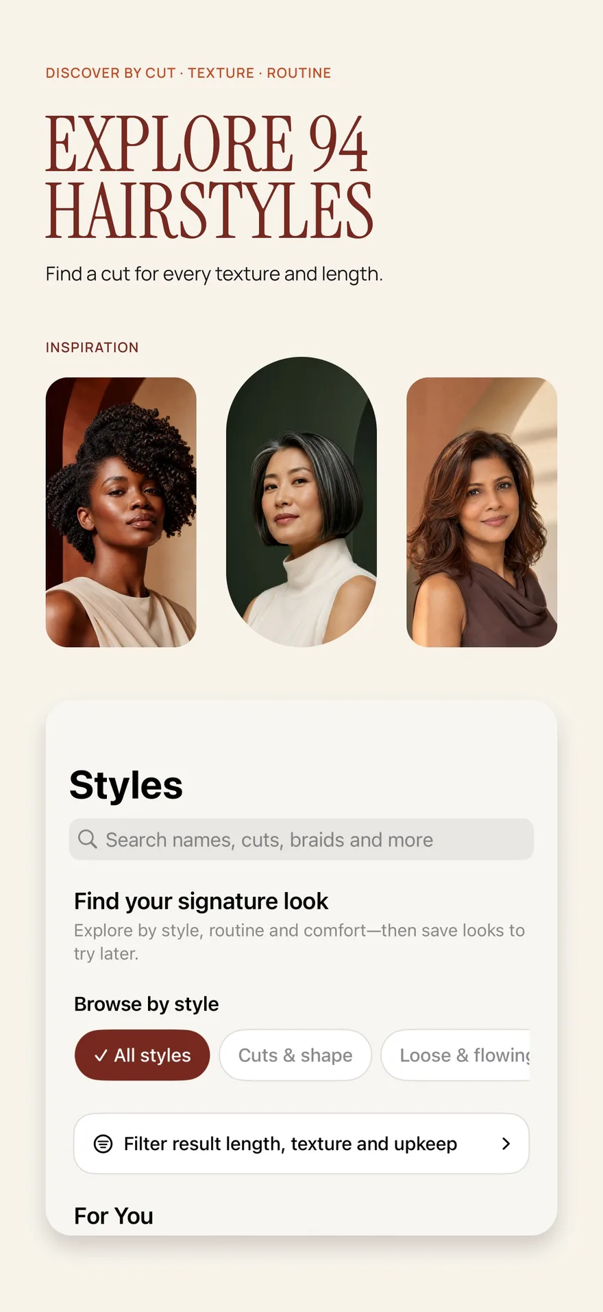 Hair Magic Styles screen with a searchable hairstyle catalog and filters