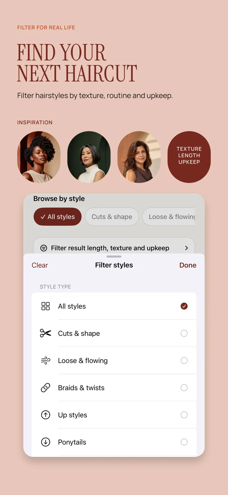 Hair Magic filters for style type, result length, texture and upkeep