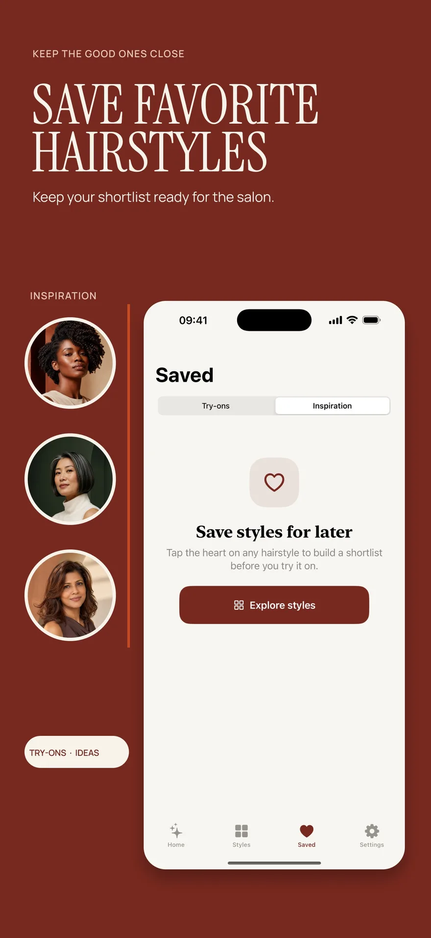 Hair Magic Saved screen with Try-ons and Inspiration tabs